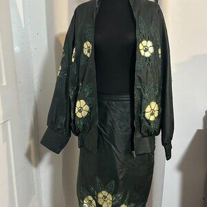 Vintage Floral Appliqué Forest Green Leather Jacket & Skirt Set